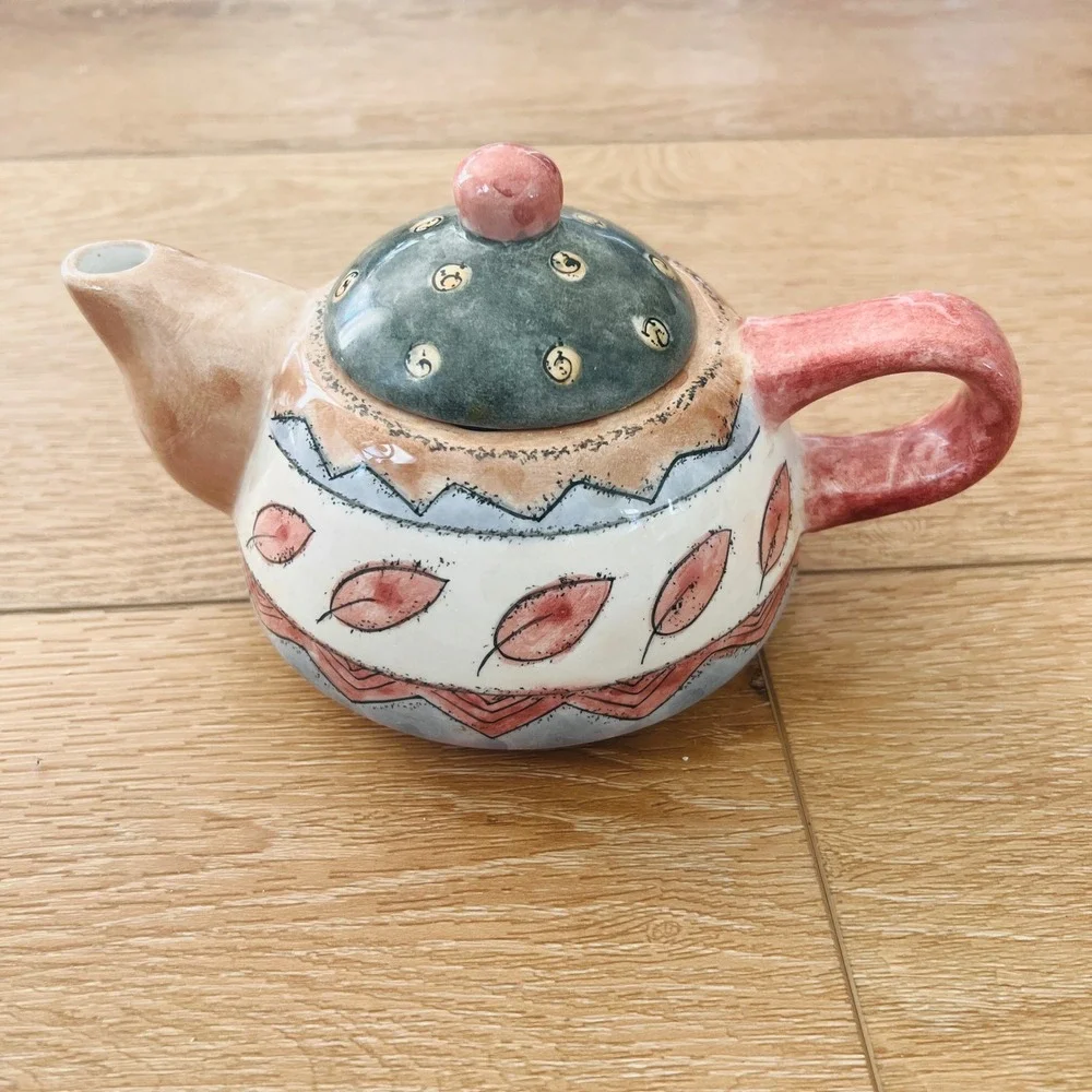 Sango Coffee Shoppe Sue Zipkin Ceramic‎ Teapot Leaf Pattern Hand Painted Boho
